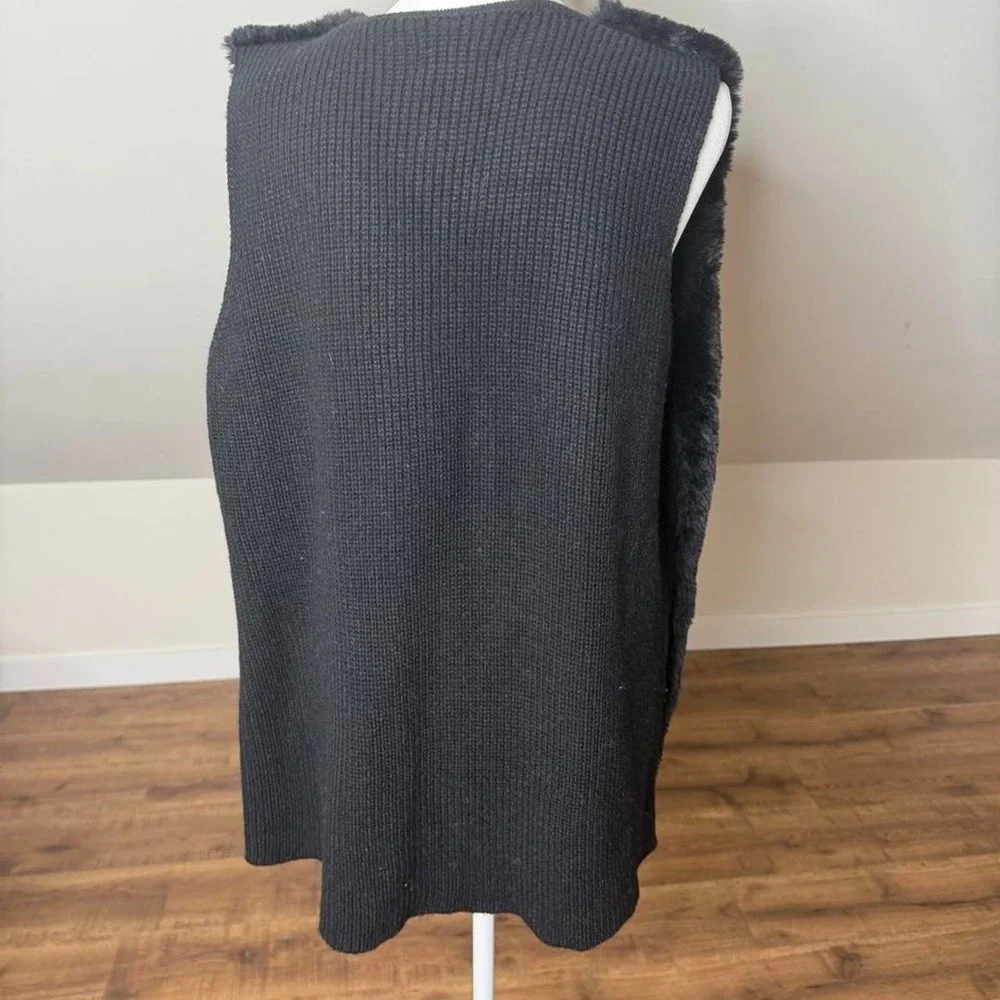 Liz Claiborne Black Faux Fur Open-Front Vest XL Mob Wife Dark Academia Holiday